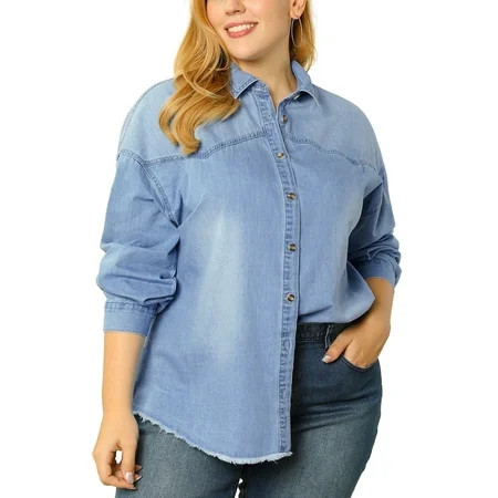 Agnes Orinda Women's Plus Size Button Down Long Sleeve Denim Shirts 1X Light Blue | Walmart (US)