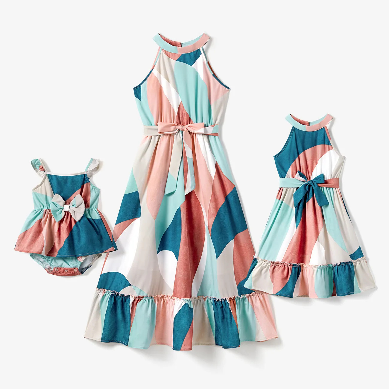 Mommy and Me Multi-Color High Neck Halter Ruffle Hem Belted Dress Only $8.49 PatPat US | PatPat