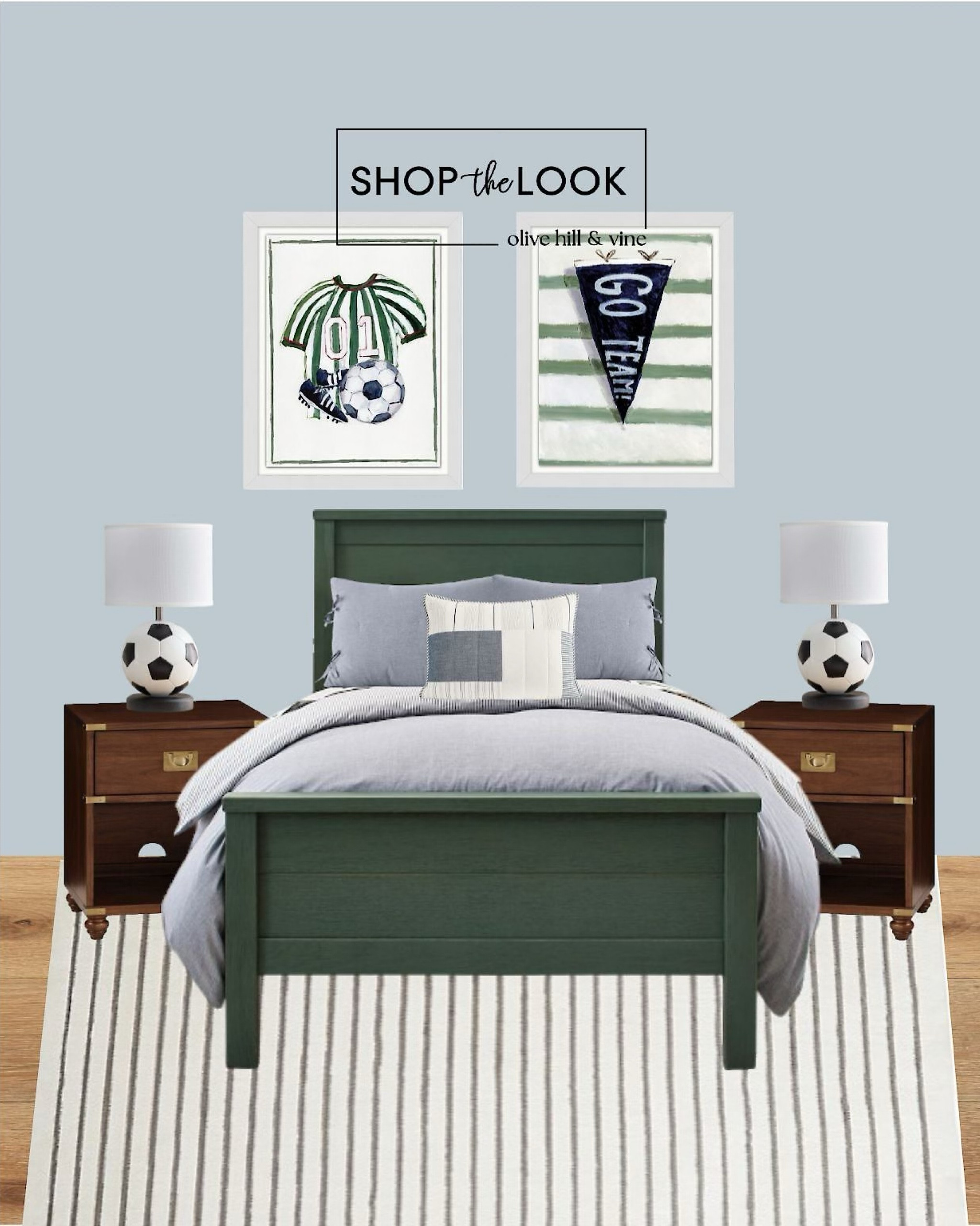 This bedroom brings bold style with a hunter green bed and sporty details! Classic campaign-style nightstands add a refined touch, while striped textiles, soccer-themed art, and a USB table lamp keep it fun and functional. A winning space for any soccer fan! 

#LTKFamily #LTKKids #LTKHome