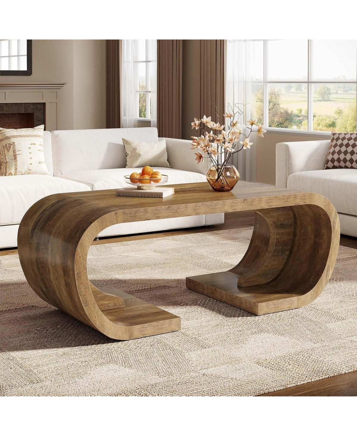 Tribesigns Farmhouse Coffee Table, 47" Heavy Duty C-Shaped Center Table with Curved Base, Rustic Brown - Rustic brown | Macy's