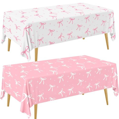 Pymurod 2pcs White Pink Bow Birthday Decorations Coquette Party Tablecloth Disposable Plastic Table Cloth Bow Theme Party Table Covers for Girls | Amazon (US)