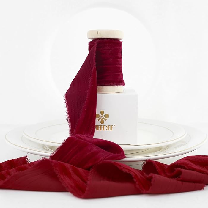 MEEDEE Red Velvet Ribbon 2 Inch Frayed Crinkle Ribbons 2 Rolls 4 Yards Crushed Christmas Ribbons ... | Amazon (US)