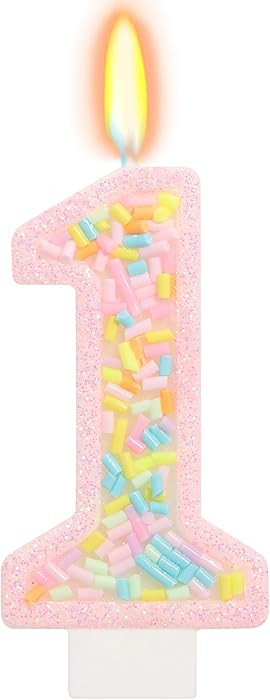 Number 1 Birthday Candle with Sprinkles, Pastel Pink Unicorn Rainbow Cake Topper, Sweet One Candy... | Amazon (US)