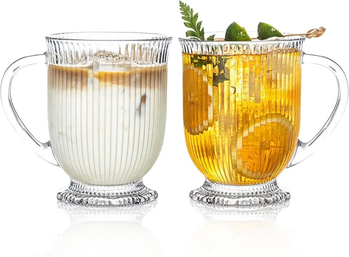 KEMORELA Ribbed Glass Coffee Mug Set, 16oz Clear Glass Mugs with Handle, Bar Accessories, Durable... | Amazon (US)