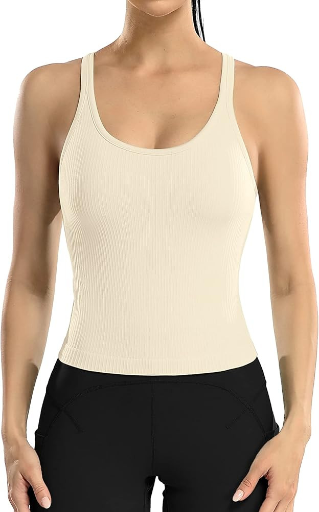 ATTRACO Women Ribbed Workout Crop Tops with Built in Bra Yoga Racerback Tank Top Tight Fit | Amazon (US)