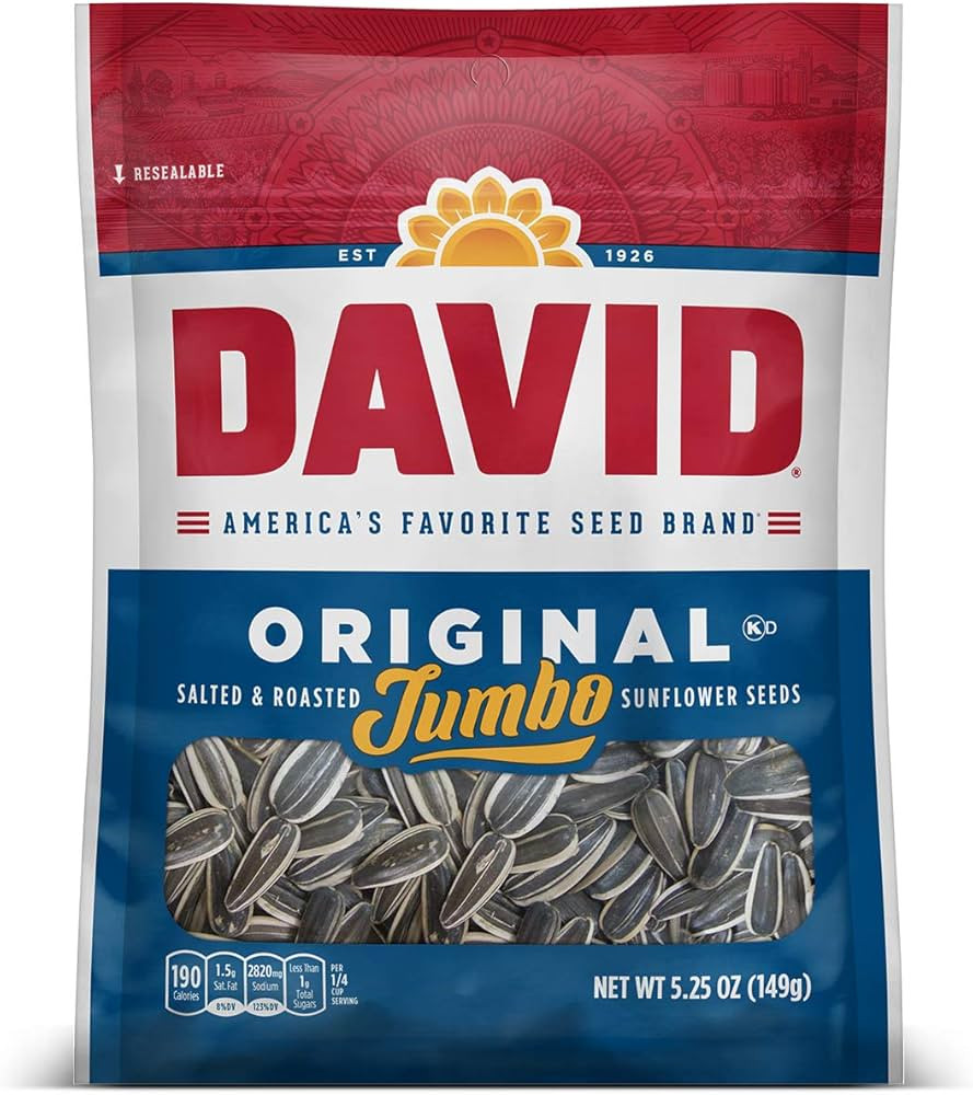 DAVID Roasted and Salted Jumbo Sunflower Seeds, Original Flavor, 5.25oz. (Pack of 12) | Amazon (US)
