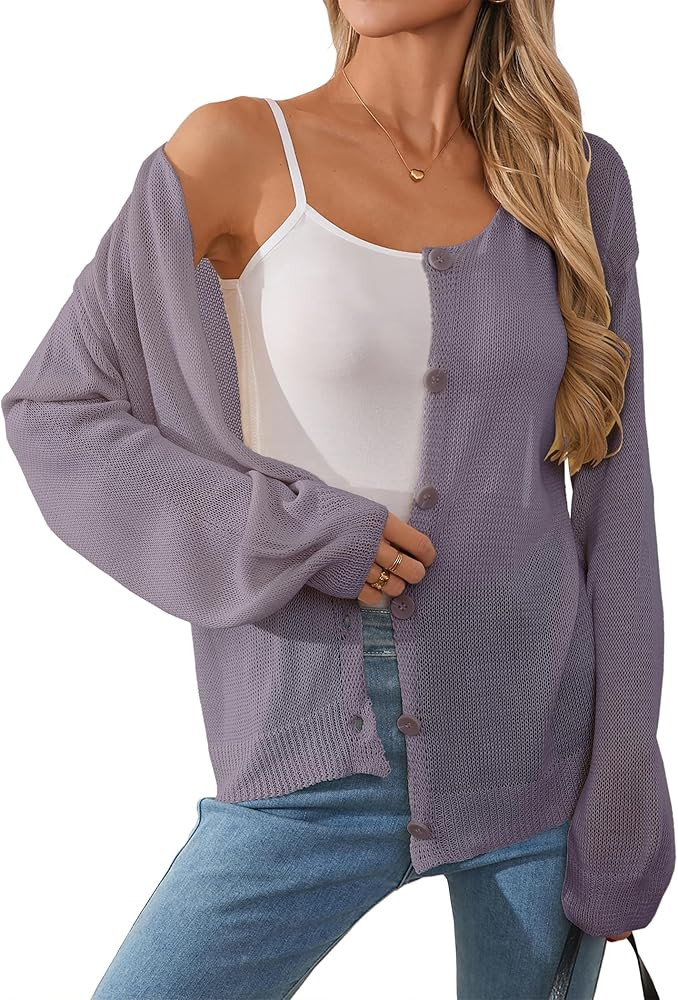 Womens Oversized Lightweight Sheer Button Cardigan Spring 2025 Trendy Solid Ribbed Knit Long Slee... | Amazon (US)
