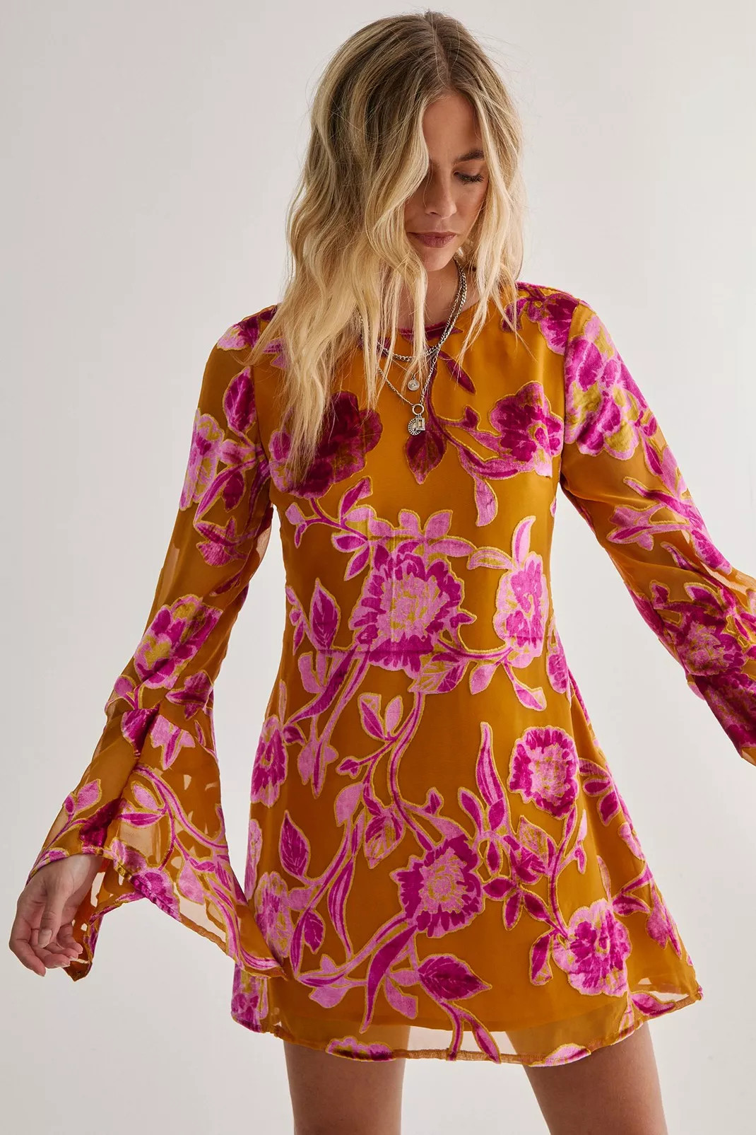 Floral Devore Fluted Sleeve Tunic Mini Dress | Nasty Gal US