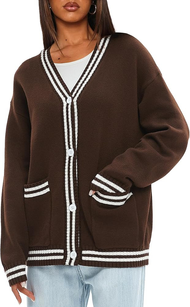 Darong Women Oversized Cardigan Sweaters Knit Button Front Stripes Trim Cardigan Tops Fall Outfit... | Amazon (US)