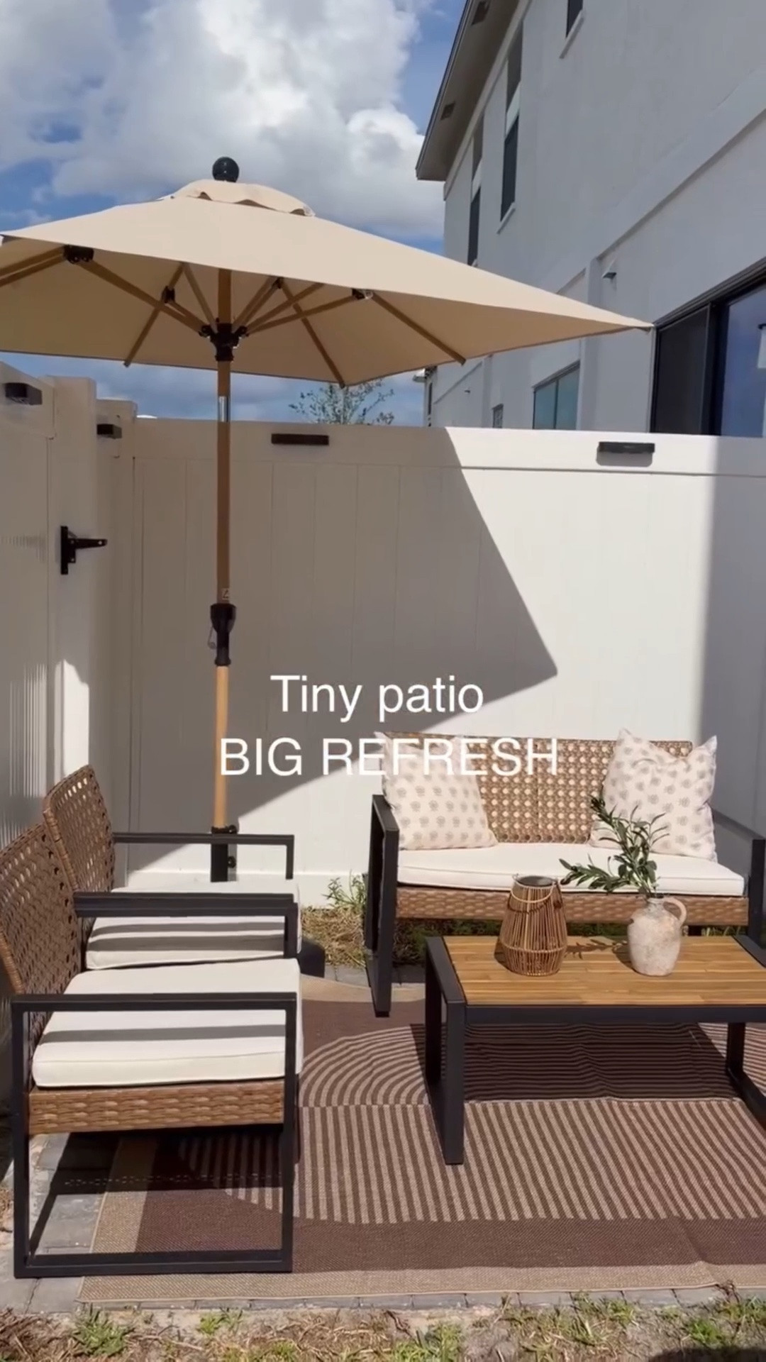 A little patio refresh makes SUCH a difference! 😌 umbrella 6x6 . Rug 5x7. Rattan set! 🌸☂️solar fence lights! 
All my 🔗in bio! 

#patiorefresh #homereset cozyhomedecor lifestylecreator ugc

#LTKdayinmylife #LTKHome