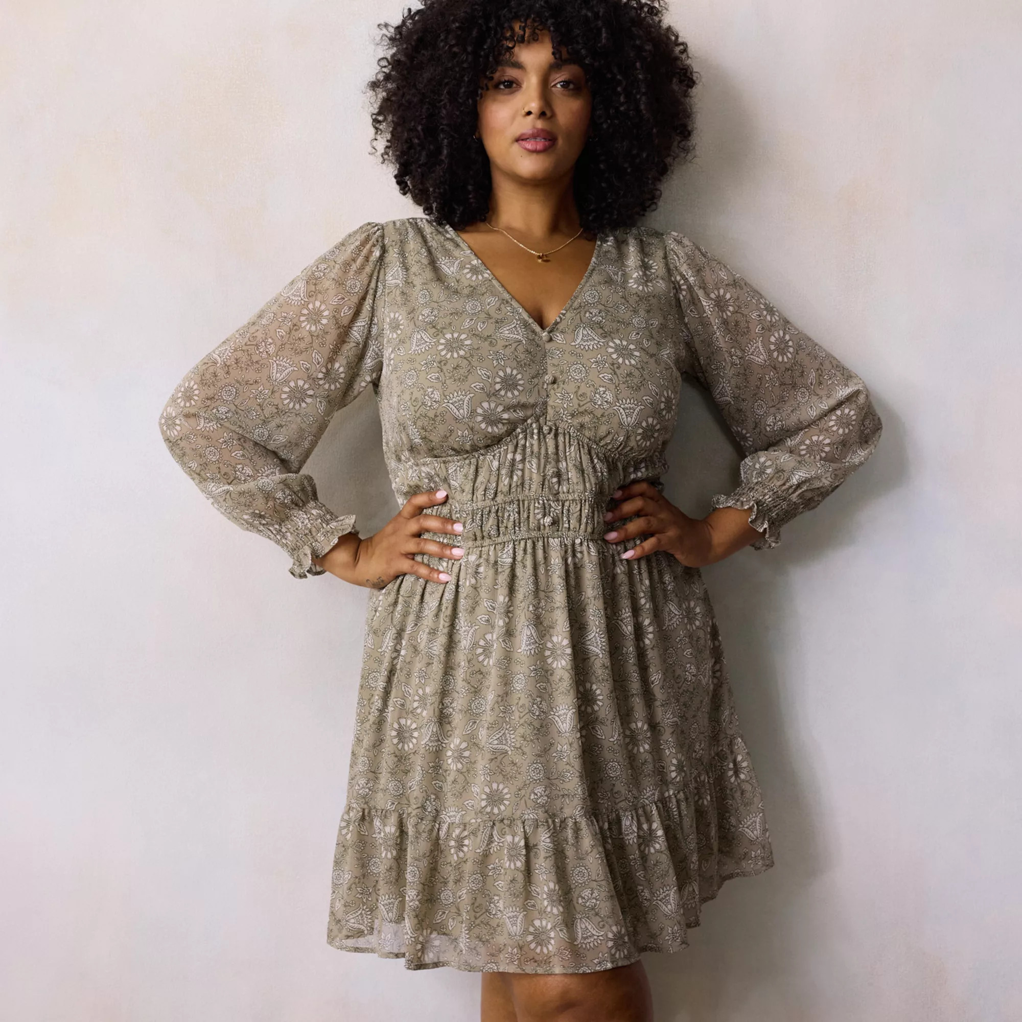 Plus Size LC Lauren Conrad Long Sleeve Fit & Flare Mini Dress, Women's, Size: 2XL, Green Bagru Blooms | Kohl's