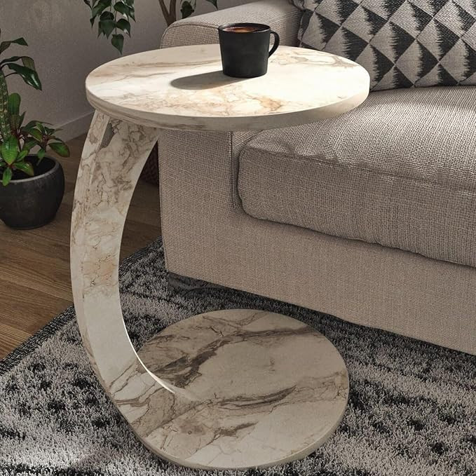 C Shaped End Table for Couch Small Places, Faux Marble Engineered Wood Space Saver Round Side Tab... | Amazon (US)