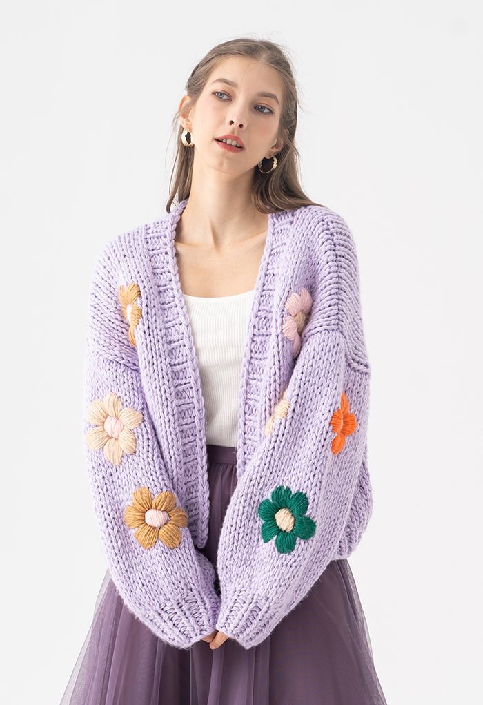 Stitch Flowers Hand-Knit Chunky Cardigan in Lilac | Chicwish