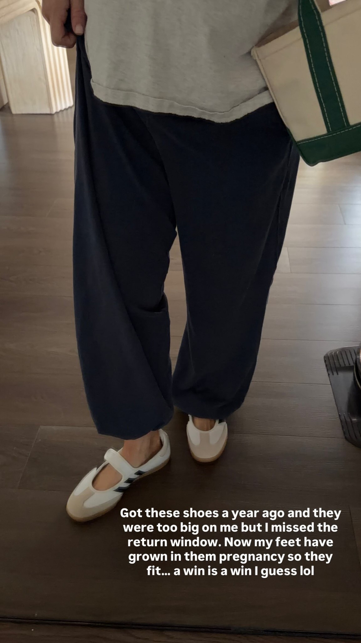 Got these shoes a year ago and they were too big on me but I missed the return window. Now my feet have grown in them pregnancy so they fit… a win is a win I guess lol @adidas