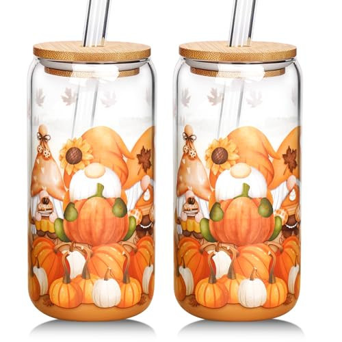 ANOTION Fall Glass Cups - Fall Gnomes Fall Coffee Mug Cute Cups Iced Coffee Cup with Lids and Straws Pumpkin Cups Can Shaped Fall Cups Fall Decor Thanksgiving Fall Wedding Tumbler Fall Mugs 18oz | Amazon (US)