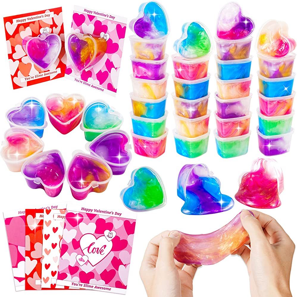 Valentines Day Gifts for Kids- 28 Pack Valentines Gift Cards with Heart Galaxy Slime- Sensory Fid... | Amazon (US)