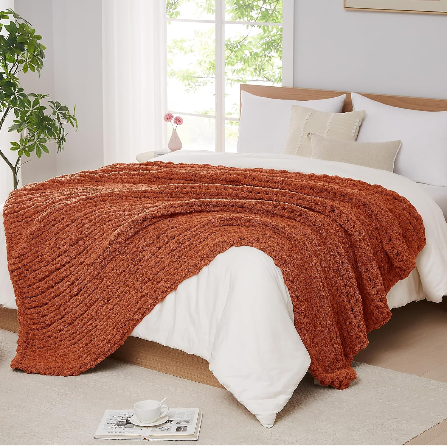 L'AGRATY Chunky Knit Throw Blanket for Couch, 50 x 60 Inches, Rusty Orange | Amazon (US)