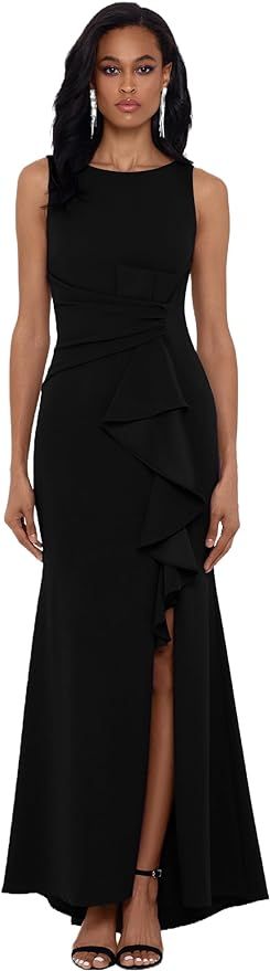 Betsy & Adam Women's Long Sleeveless Boat Neck Ruffle Side Slit Scuba Crepe Gown | Amazon (US)