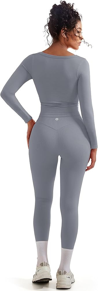 SUUKSESS Women 2 Piece Workout Sets High Waisted Seamless Leggings Active Long Sleeve Tops | Amazon (US)