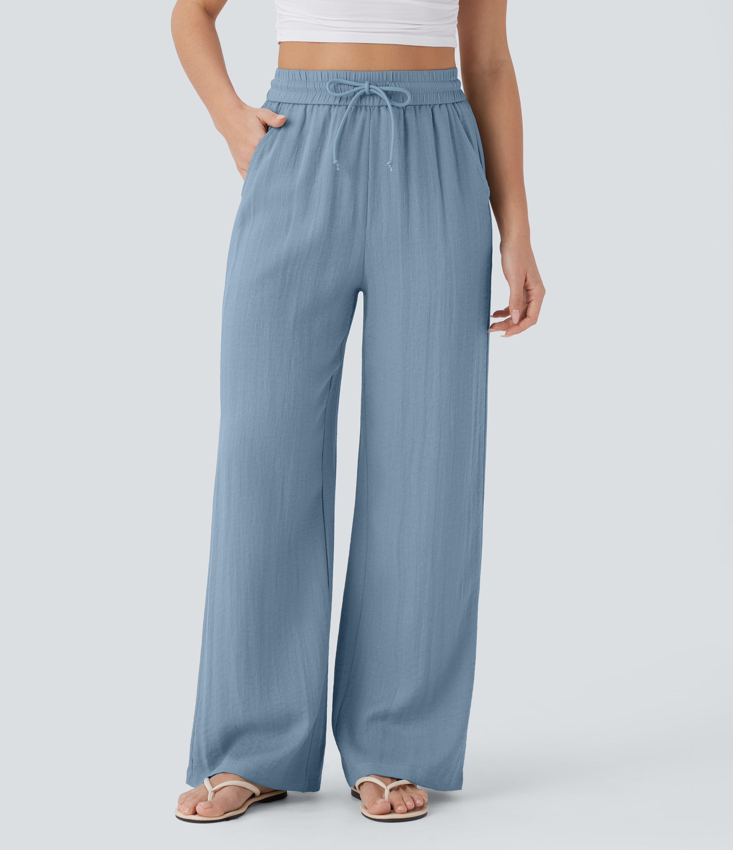 Halara High Waisted Drawstring Pocket Wide Leg Casual Linen-Feel Pants - Mountain Spring - XL(regular) sweatpants jogger pants | HALARA