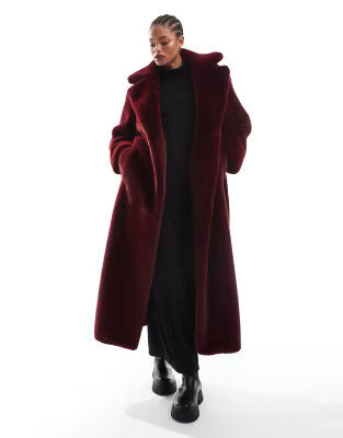 ASOS DESIGN Tall longline belted faux fur coat in burgundy | ASOS (Global)