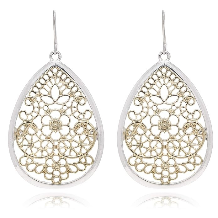Bohemian Gold & Silver Two Tone Floral Filigree Big Tear Drop Earrings | Amazon (US)