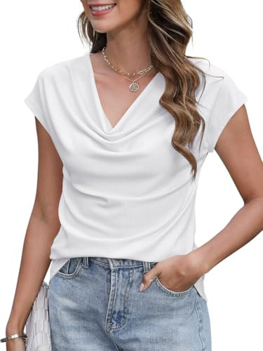 Poetsky Womens Summer Short Sleeve T Shirts Trendy 2025 Cowl Neck Tops Withe Blouses Dressy Casual Work Cute Shirts White_M | Amazon (US)