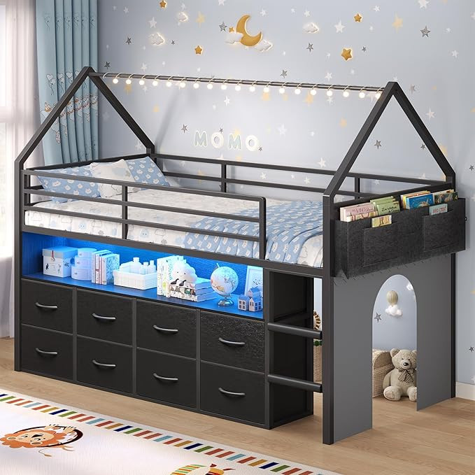 BTHFST Twin Size Loft Bed for Kids, 8 Storage Drawers & LED Lights, House Shaped Metal Bed with B... | Amazon (US)