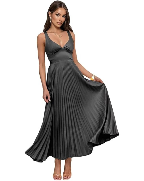 Satin Bridesmaid Dresses for Women 2025 Spaghetti Straps Pleated Formal Wedding Guest Dress | Amazon (US)