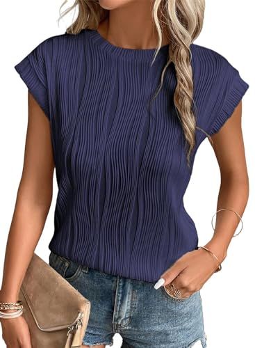 EVALESS Womens Short Sleeve Textured Tops Crewneck Knit Solid Loose Casual Basic T Shirts Tee Blo... | Amazon (US)