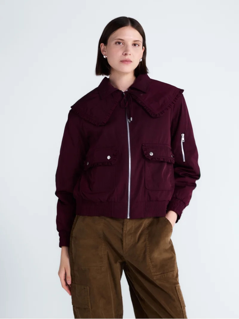 Free Assembly Women's and Women's Plus Ruffle Collar Bomber Jacket, Sizes XS-4X | Walmart (US)