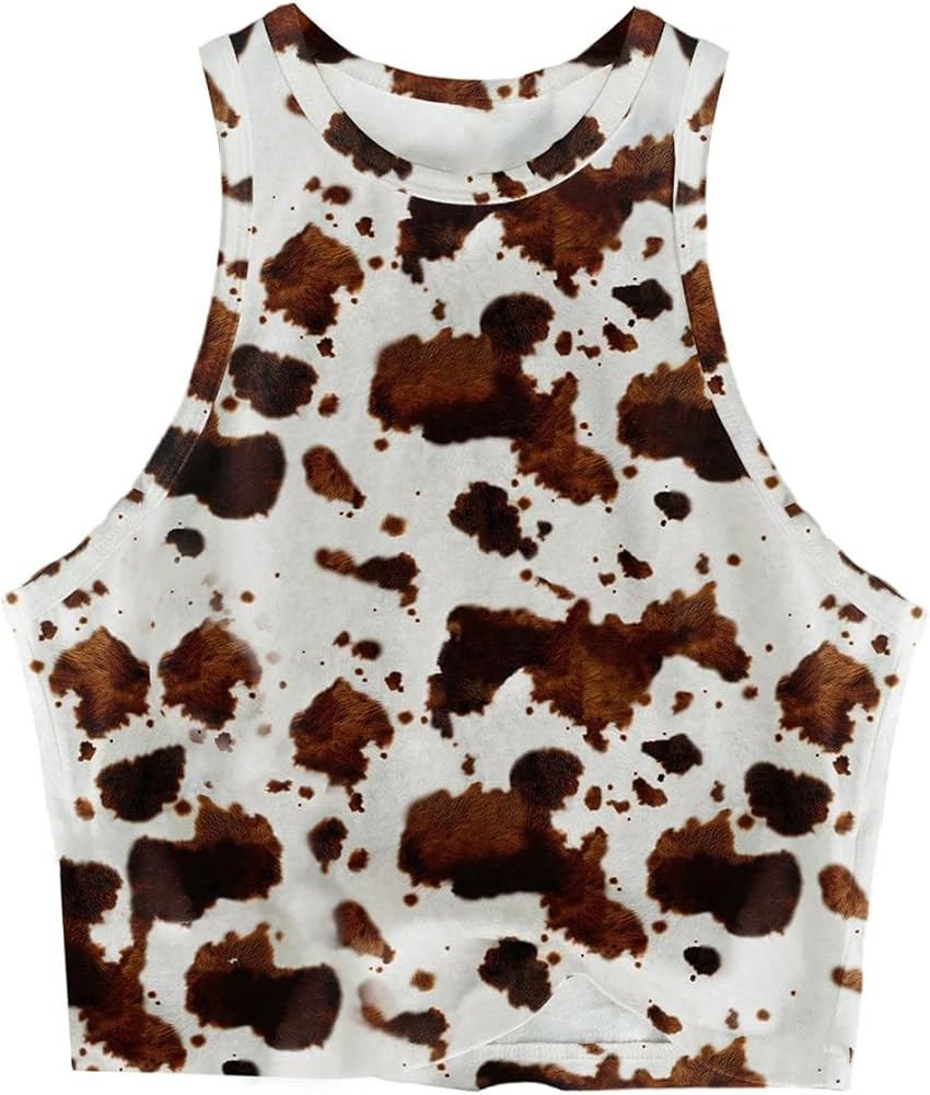QJQ Women's Cow Print Tank Top Scoop Neck Sleeveless Crop Tops Cute Vest Summer Outfits | Amazon (US)