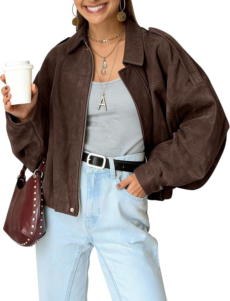 Kissonic Womens Faux Suede Bomber Jacket Oversized Long Sleeve Cropped Coat | Amazon (US)