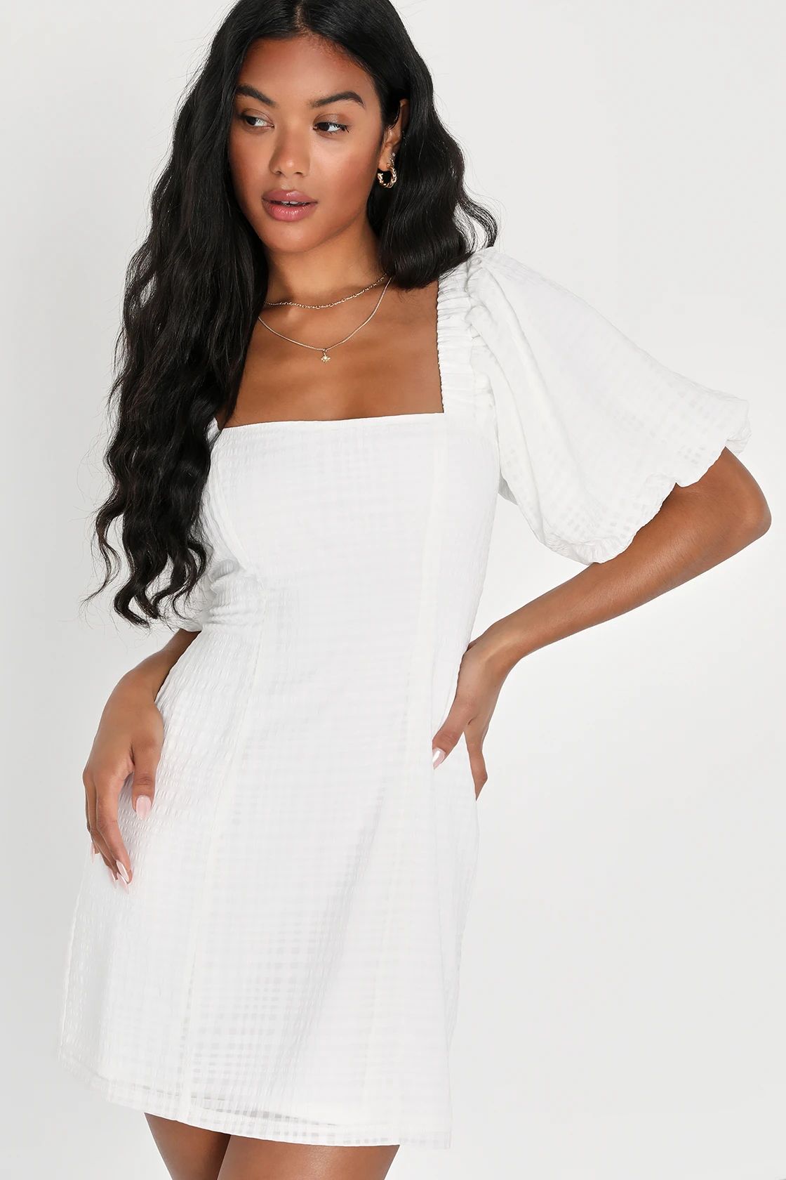 Strolling the Seine White Plaid Burnout Puff Sleeve Mini Dress | Lulus (US)