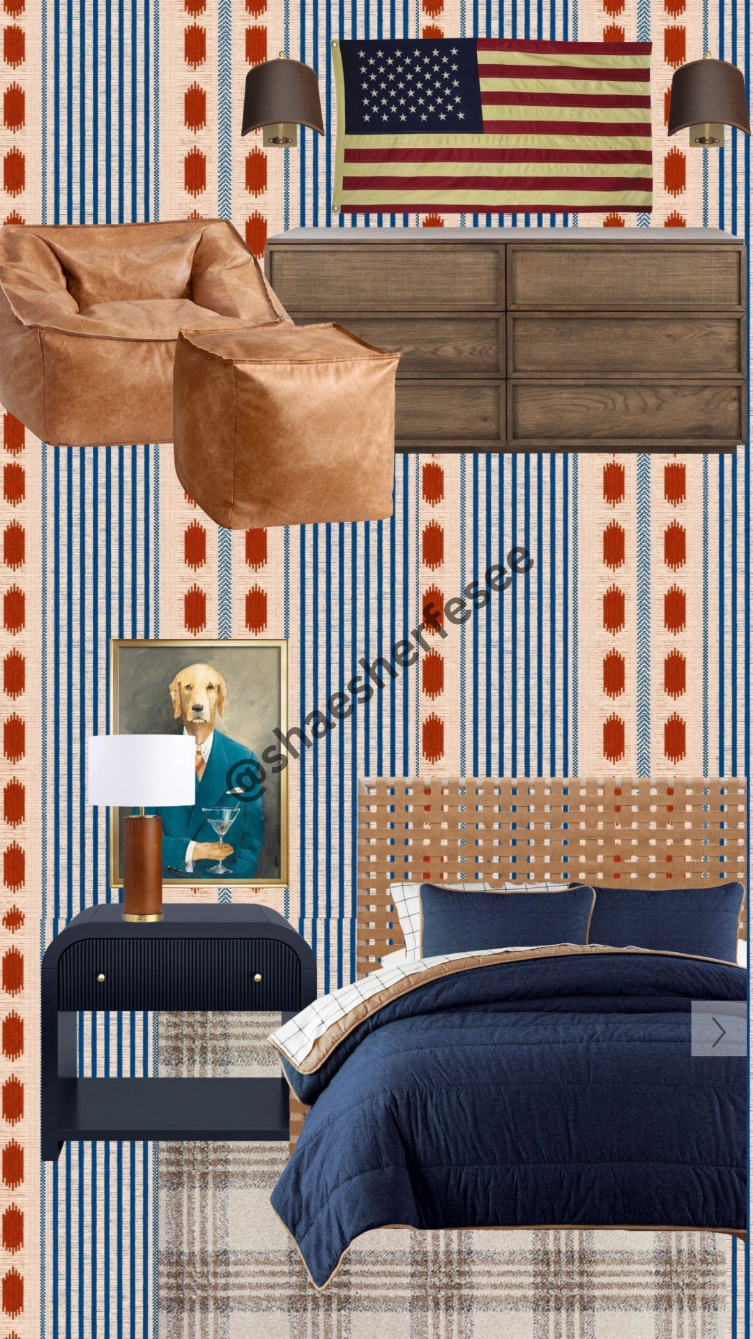 Classic Americana meets playful prep—this bold boys’ room design balances rich textures, timeless patriotism, and personality-packed details. From the woven leather headboard to the martini-sipping pup, every piece brings charm, warmth, and a touch of fun.

#LTKStyleTip #LTKHome