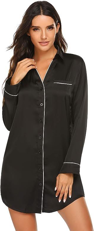 Sleepwear Long Sleeve Nightshirt Satin Sleepshirt Button Front Pajama Top for Women | Amazon (US)