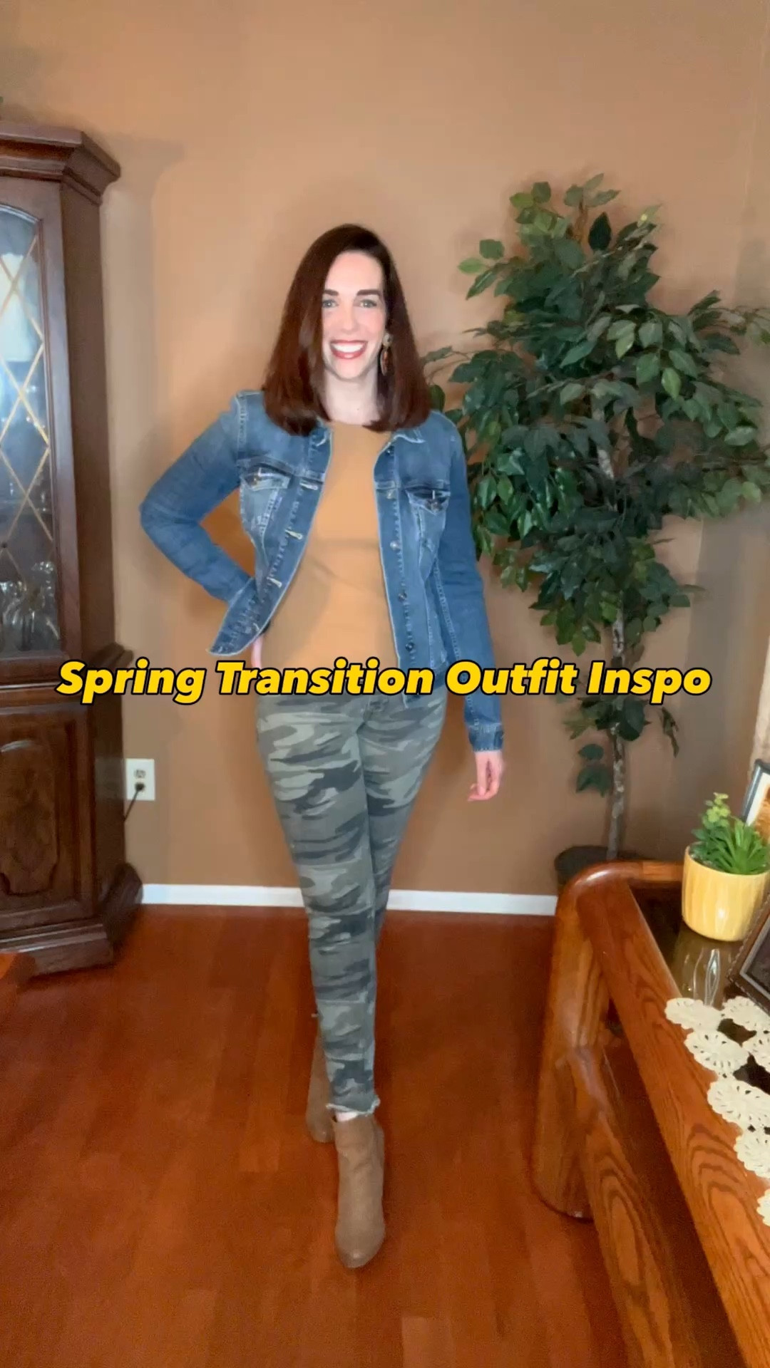 Denim Jacket (4). Gold ribbed long sleeve top (s). Camo jeans (4). Tan suede boots (8.5). #jacket #denimjacket #top #ribbedtop
#goldtop #longsleevetop #jeans #camojeans #boots #suedeboots #tanboots #springoutfit #springtransitionoutfit 
spring outfits 2026

#LTKSpringSale #LTKSeasonal