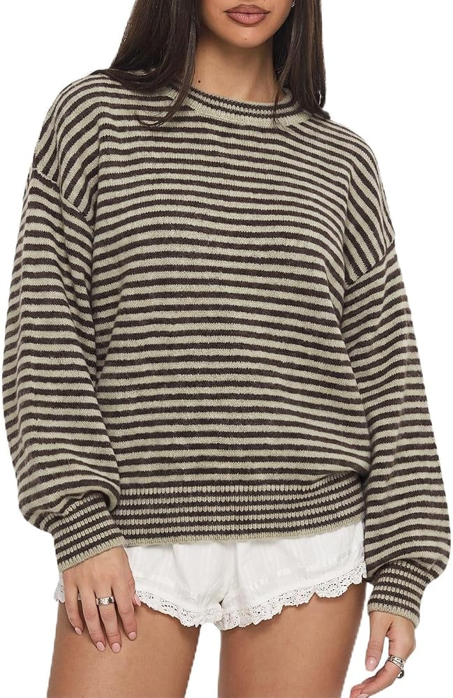 QINSEN Women's Crewneck Oversized Sweater Striped Long Sleeve Pullover Top | Amazon (US)