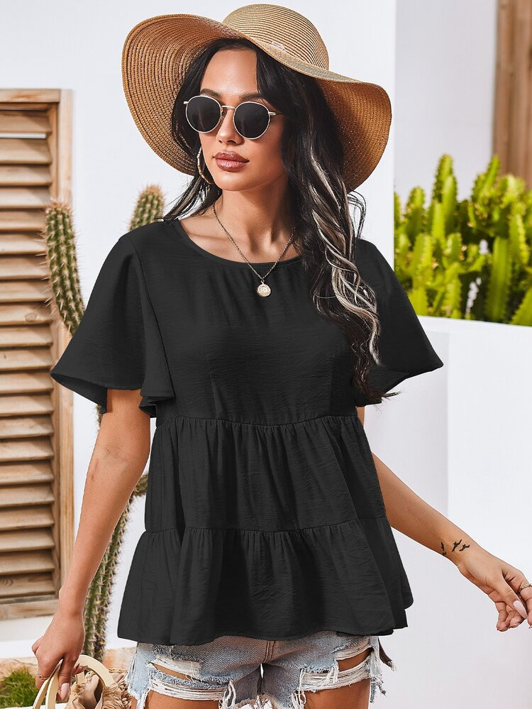 Flounce Sleeve Solid Peplum Top | SHEIN