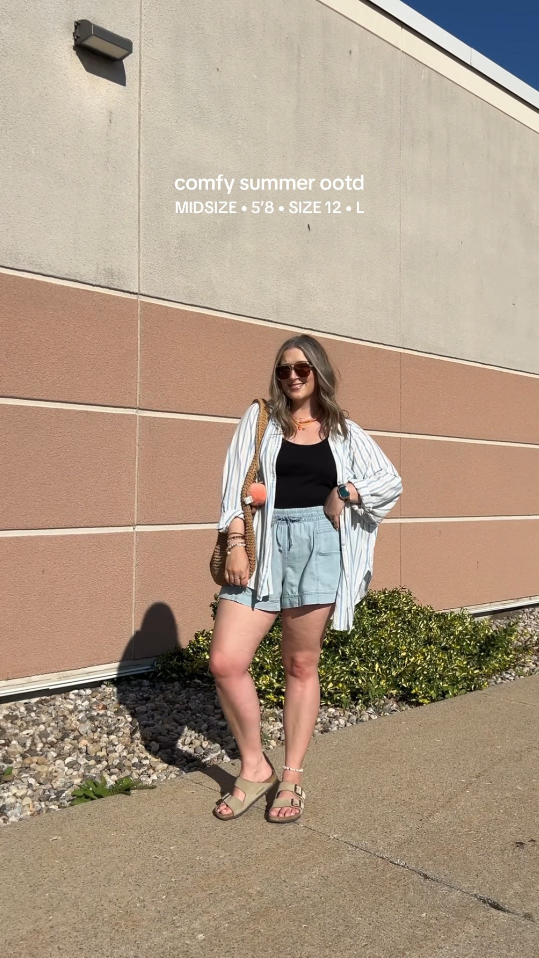 Easy summer outfit! Wearing L in the chambray shorts and basic black tank (Canadian tank link under “similar products”. My striped button down is old from aerie, linked similar. Birkenstock sandals fit TTS

#LTKsummer #LTKmidsize #LTKstyletip