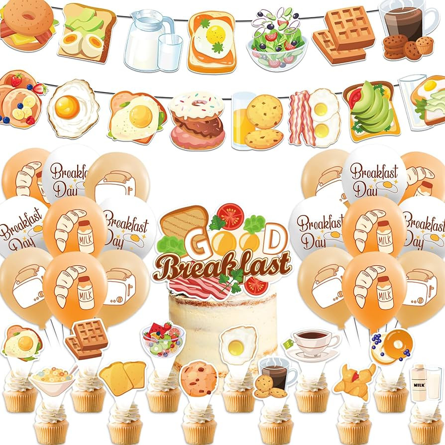 Breakfast Birthday Party Decorations Set, Brunch Party Supplies Breakfast Banner Cake Topper Cupc... | Amazon (US)