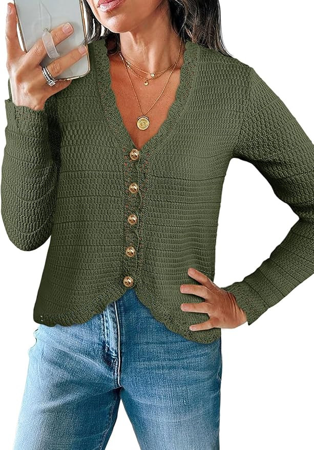Saodimallsu Womens V Neck Cardigan Sweaters Button Up Cropped Boho Knit Long Sleeve Loose Trendy ... | Amazon (US)