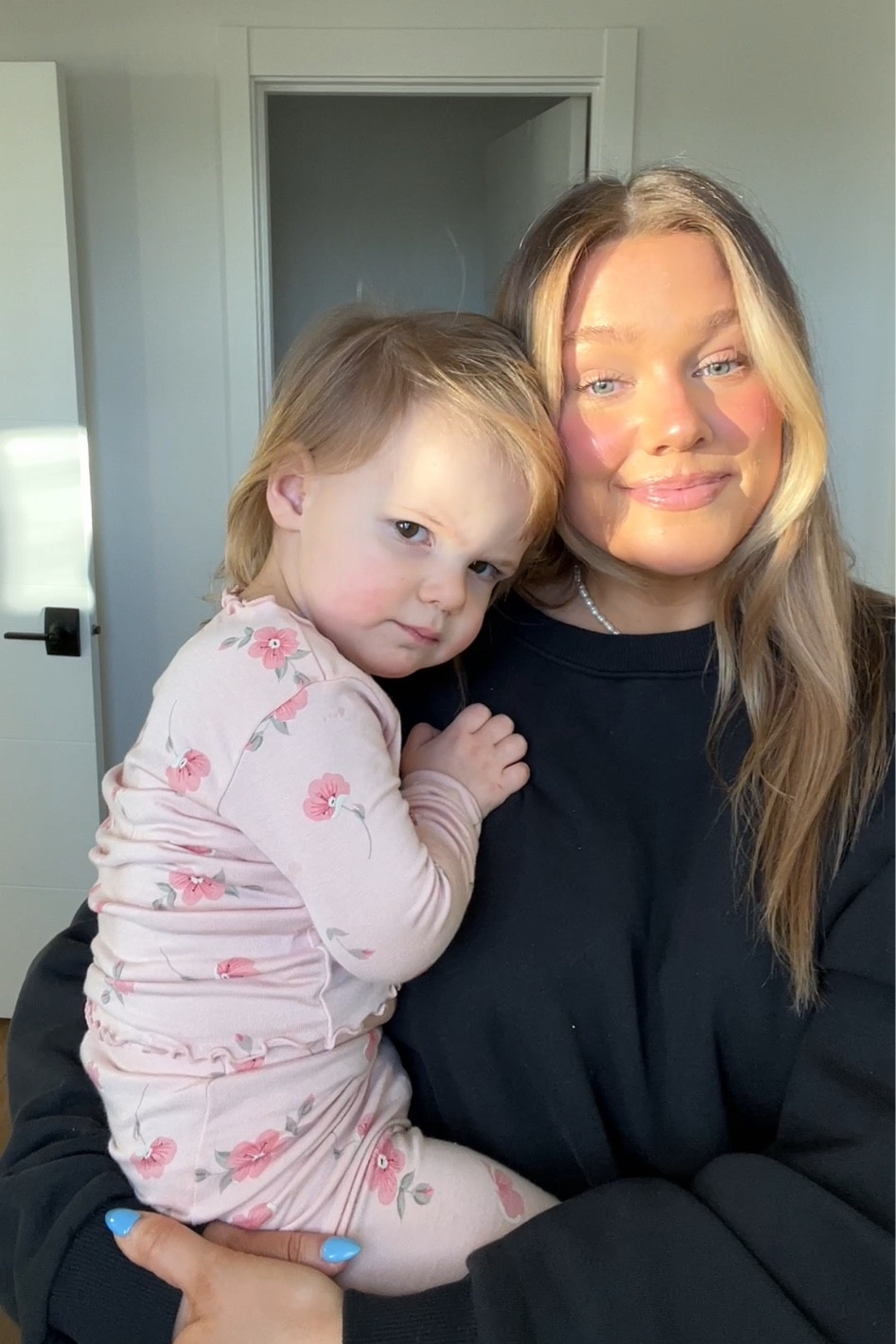 Taya wearing 3T amazon pajamas! I’m in a M in the coziest Nuuds sweatshirt! 