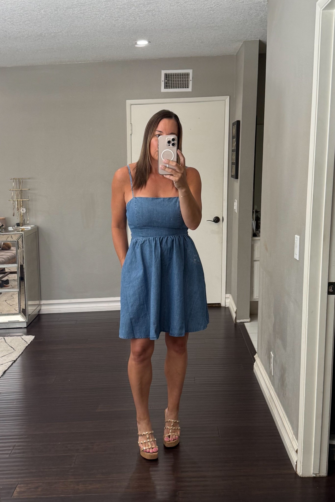 The cutest denim dress with pockets. Perfect for any occasion easily dressed up or down. For reference wearing a medium. #DenimDress #CasualChic #CasualStyle #MomStyle #LTKStyle #ConcertReady #BrunchStyle #AffordableFashion 

 #LTKFestival #LTKOver40 #LTKSaleAlert