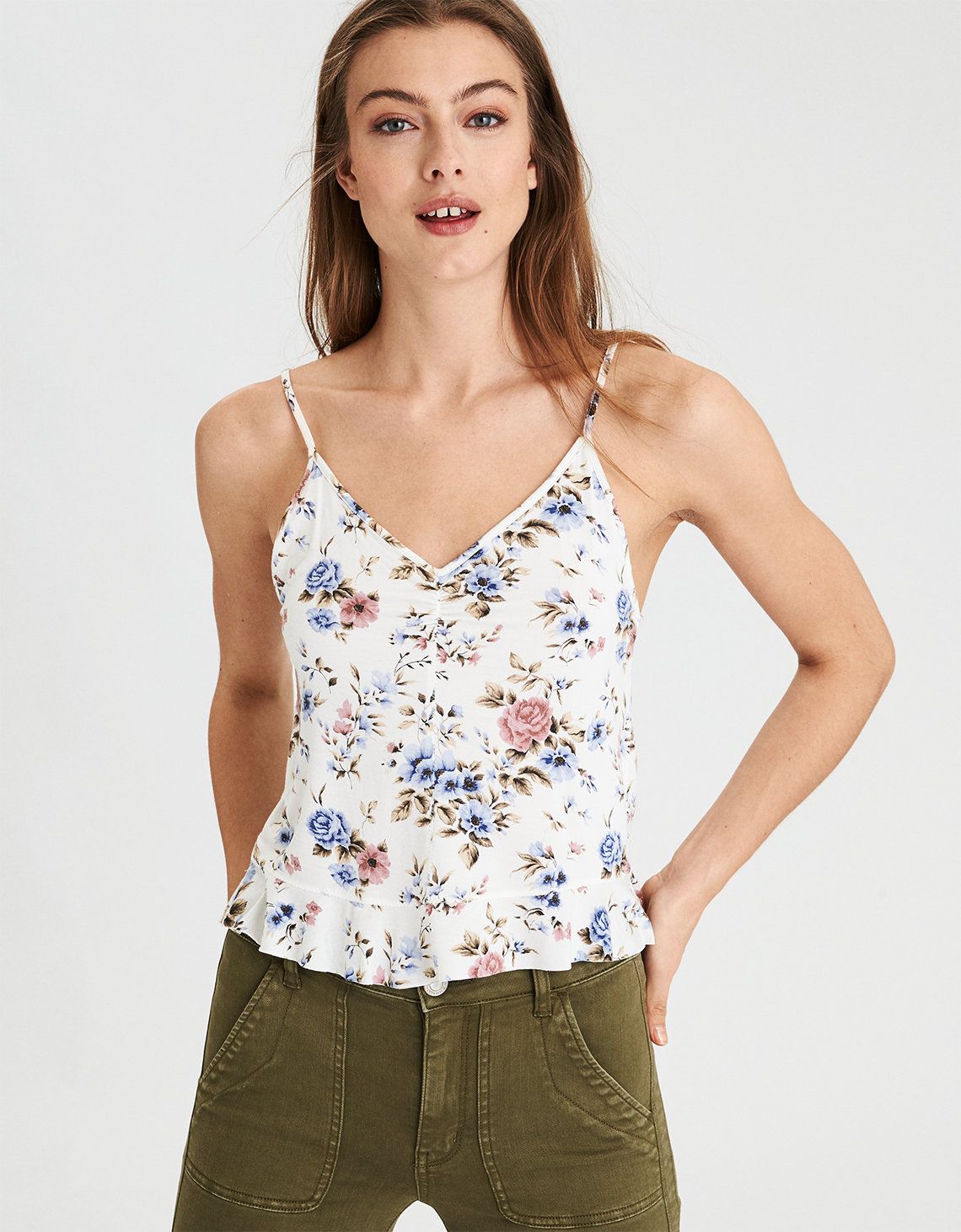 AE Soft & Sexy Floral Cinch Front Tank Top, Cream | American Eagle Outfitters (US & CA)