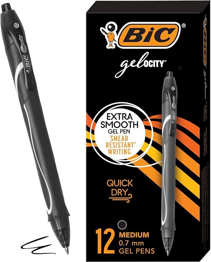 BIC Gel-ocity Quick Dry Black Gel Pens, Medium Point (0.7mm), 12-Count Pack, Retractable Gel Pens... | Amazon (US)