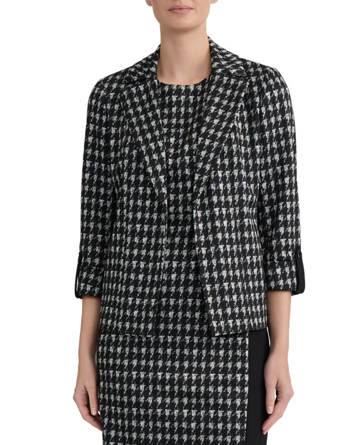 Kasper Women's Houndstooth 3/4-Sleeve Open-Front Blazer - Black Multi | Macy's