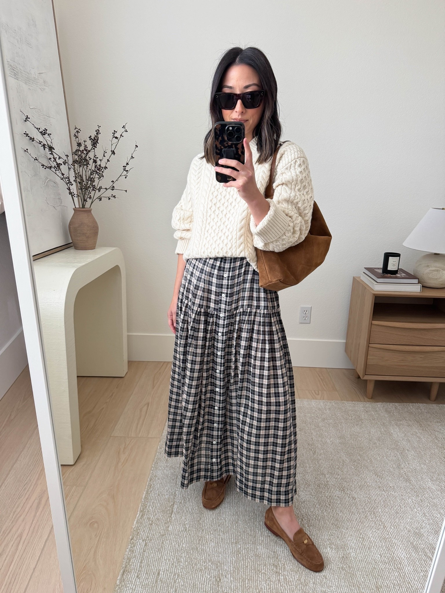 Fall workwear style. 

Doen sweater small
Doen skirt small
Veronica Beard loafers 5.5, but run tts
Liffner shoulder bag
Celine sunglasses