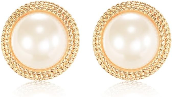 Pearl Stud Earrings for Women, Faux Large Gold Pearl Earrings Studs, Dainty White Big Pearl Earri... | Amazon (US)