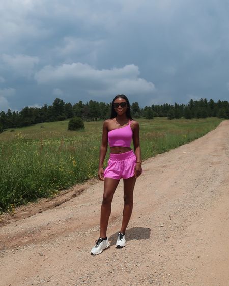 FP Movement shorts, pink shorts, pink hiking outfit, On running sneakers, pink athleisure outfit, Colorado hiking outfit, pink workout set, pink workout top